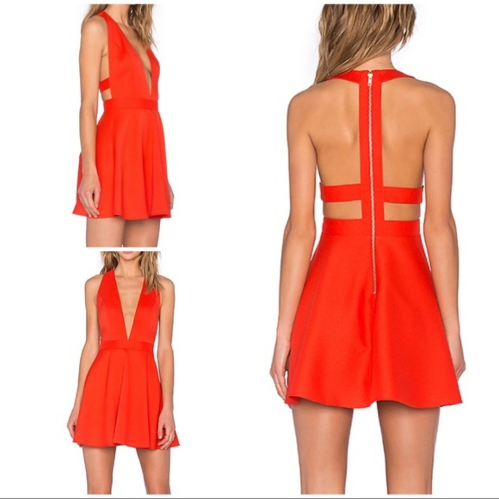 NBD Red Plunge Neck Fit & Flare Dress